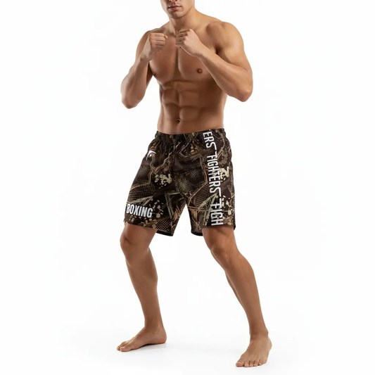 Fighters Corner camo boxing shorts athletic pose mockup showing training stance with one leg forward for boxing gear, fight wear, combat sports and athletic wear