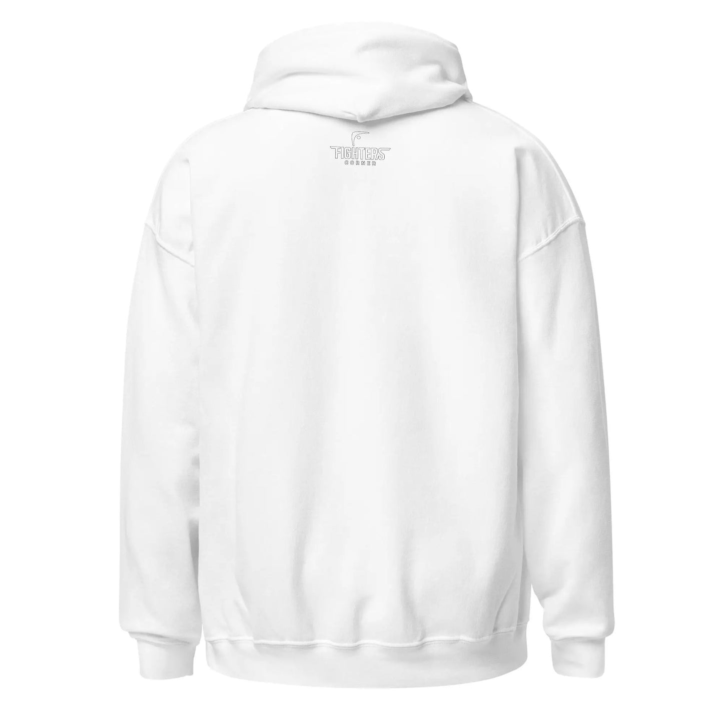 Back view of grey unisex hoodie with Boxing graphic featuring a Fighters Corner logo.