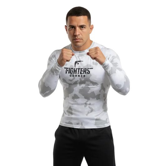 Fighters Corner white camouflage rash guard dynamic action pose mockup
