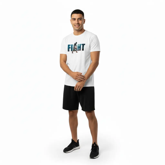 Fighters Corner white 'FIGHT' t-shirt candid relaxed mockup - premium combat sports boxing apparel for fight training and athletic wear