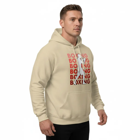 Fighters Corner beige boxing hoodie mockup in 3/4 flexed pose, featuring boxing graphic and text on white background