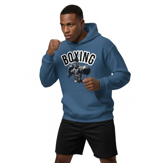 Fighters Corner blue boxing hoodie dynamic action pose mockup - premium combat sports athletic wear with boxing graphic