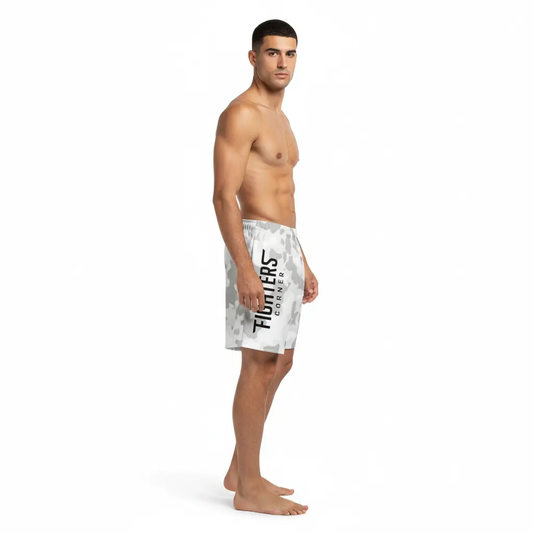 Fighters Corner white camouflage boxing shorts full side view mockup