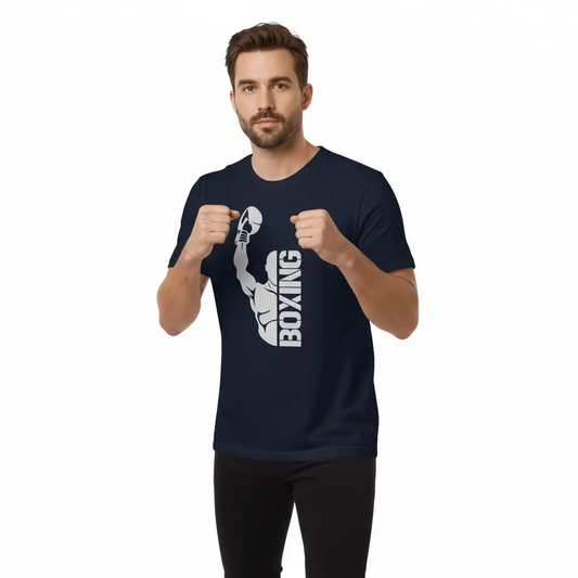 Fighters Corner navy blue boxing t-shirt athletic stance mockup - premium combat sports fight wear apparel for boxing training