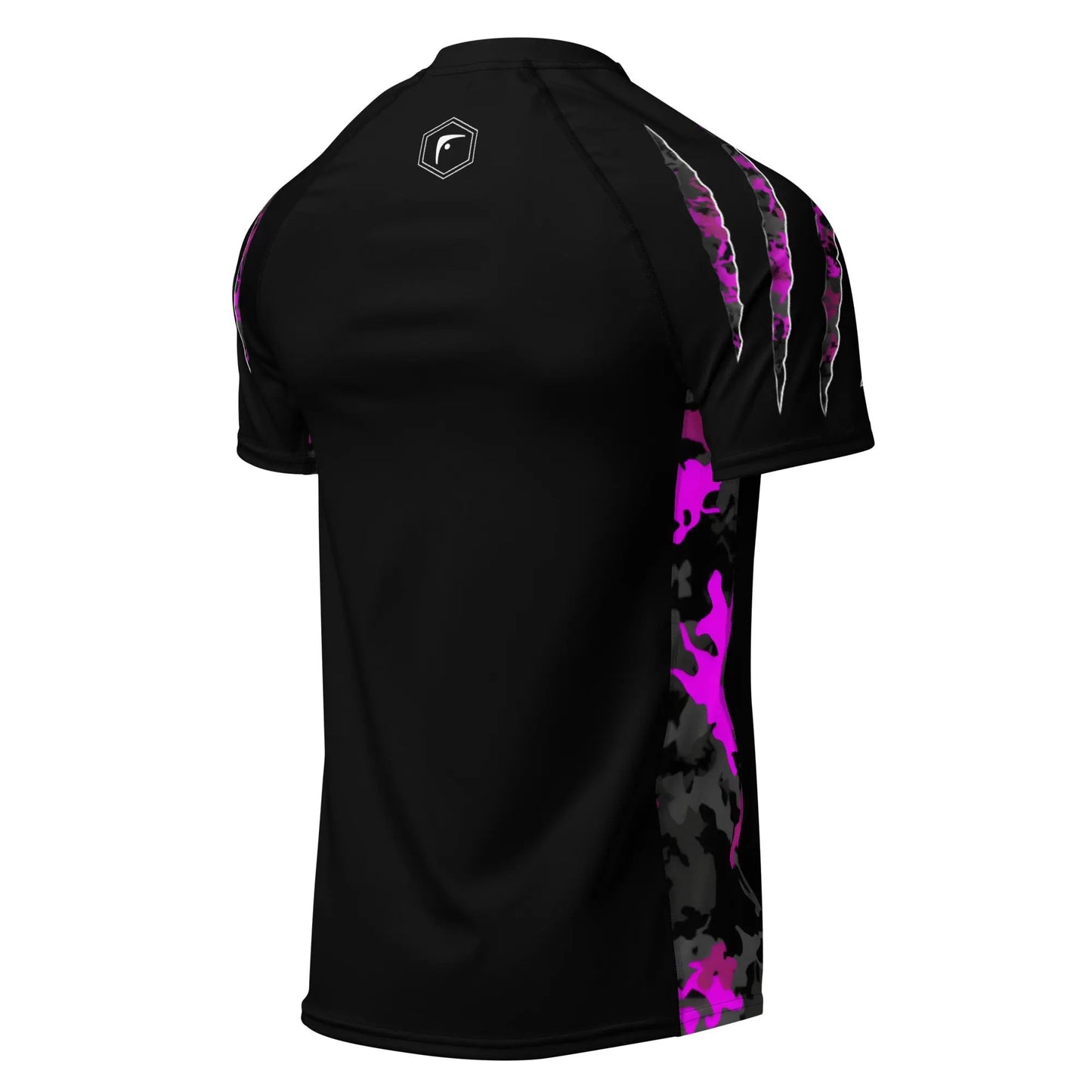 back view of a Black compression shirt with pink a camouflage design on sleeves and sides against a white background