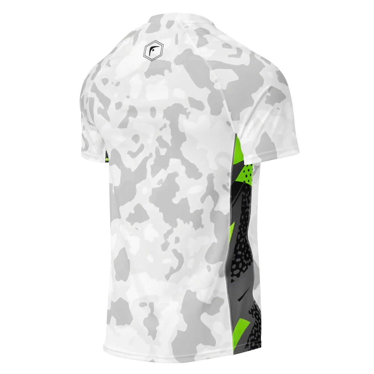 Angled back view of Arctic Strike boxing compression shirt with white camo pattern, black and neon green side panels, and Fighters Corner logo on back.