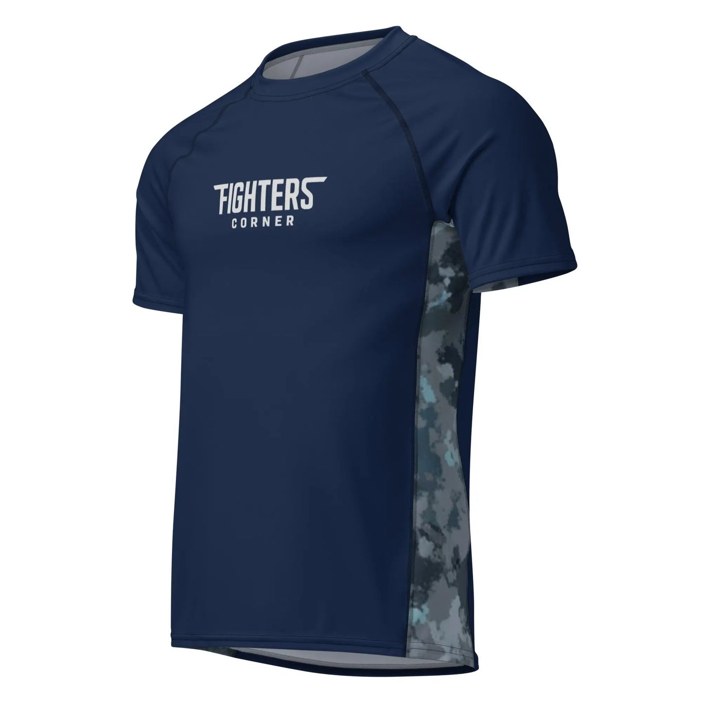 Front view of navy blue recycled short-sleeve rash guard with geometric camo side panels and Fighters Corner logo — Fighters Corner.