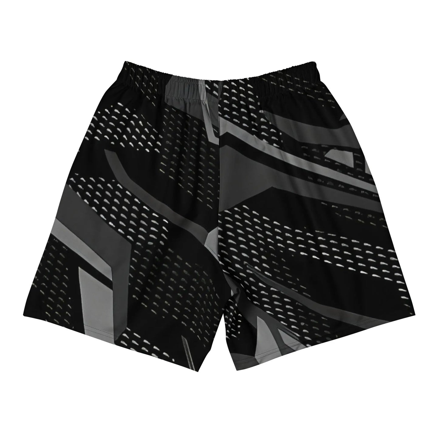 Back view of black athletic boxing shorts with gray geometric pattern on a white background.