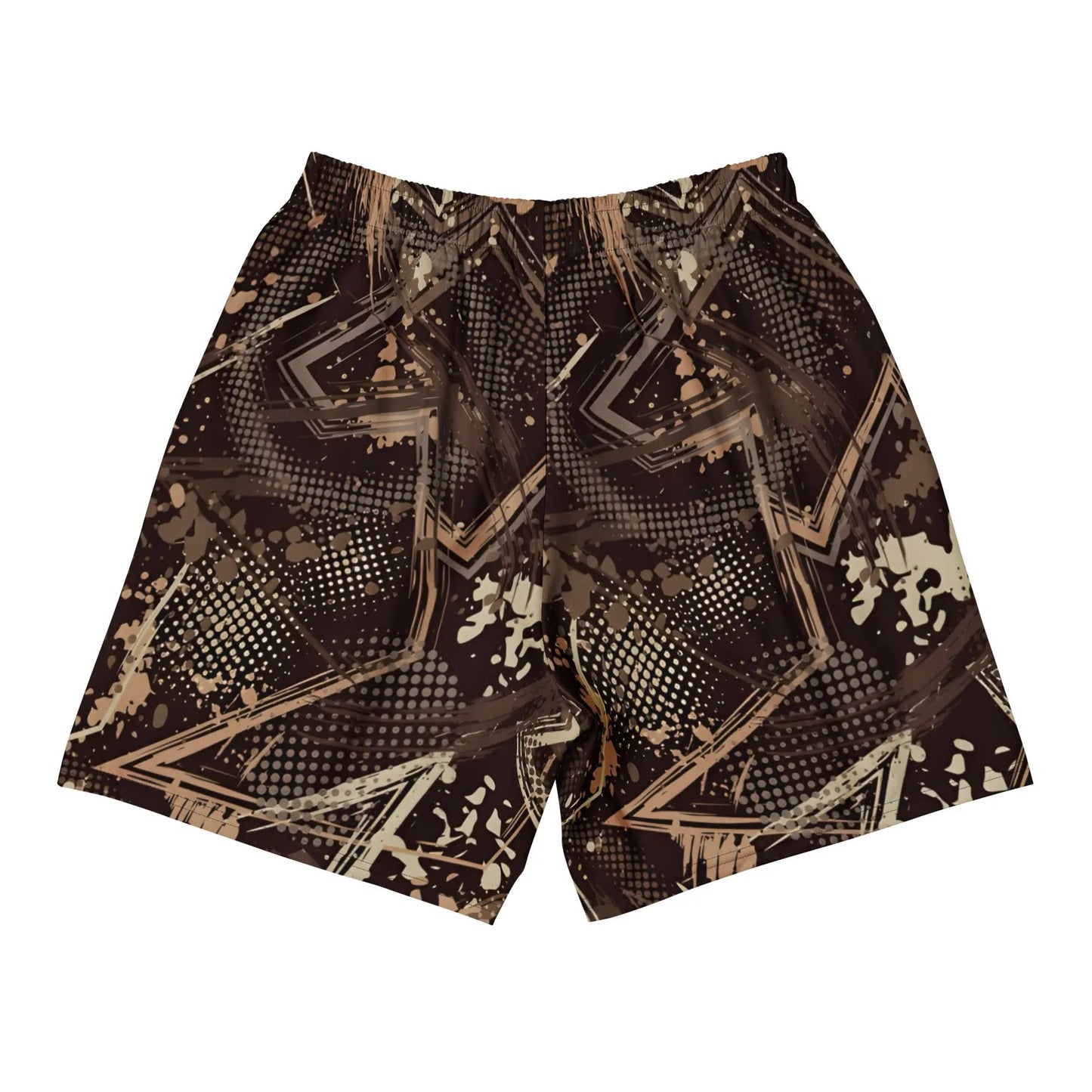 Back view of brown camouflage boxing shorts with abstract geometric pattern on a white background.