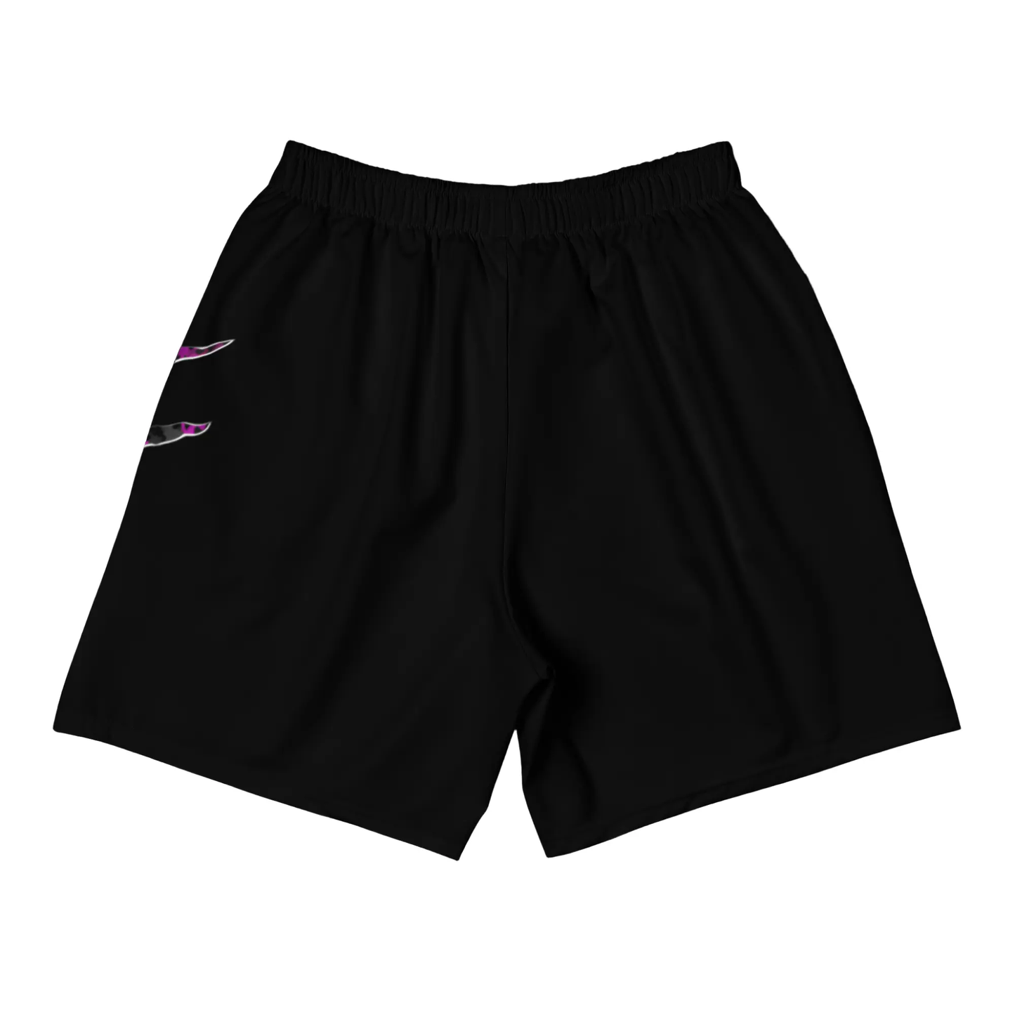 Back view of black unisex athletic long shorts with pink and gray claw slash design and Fighters Corner logo