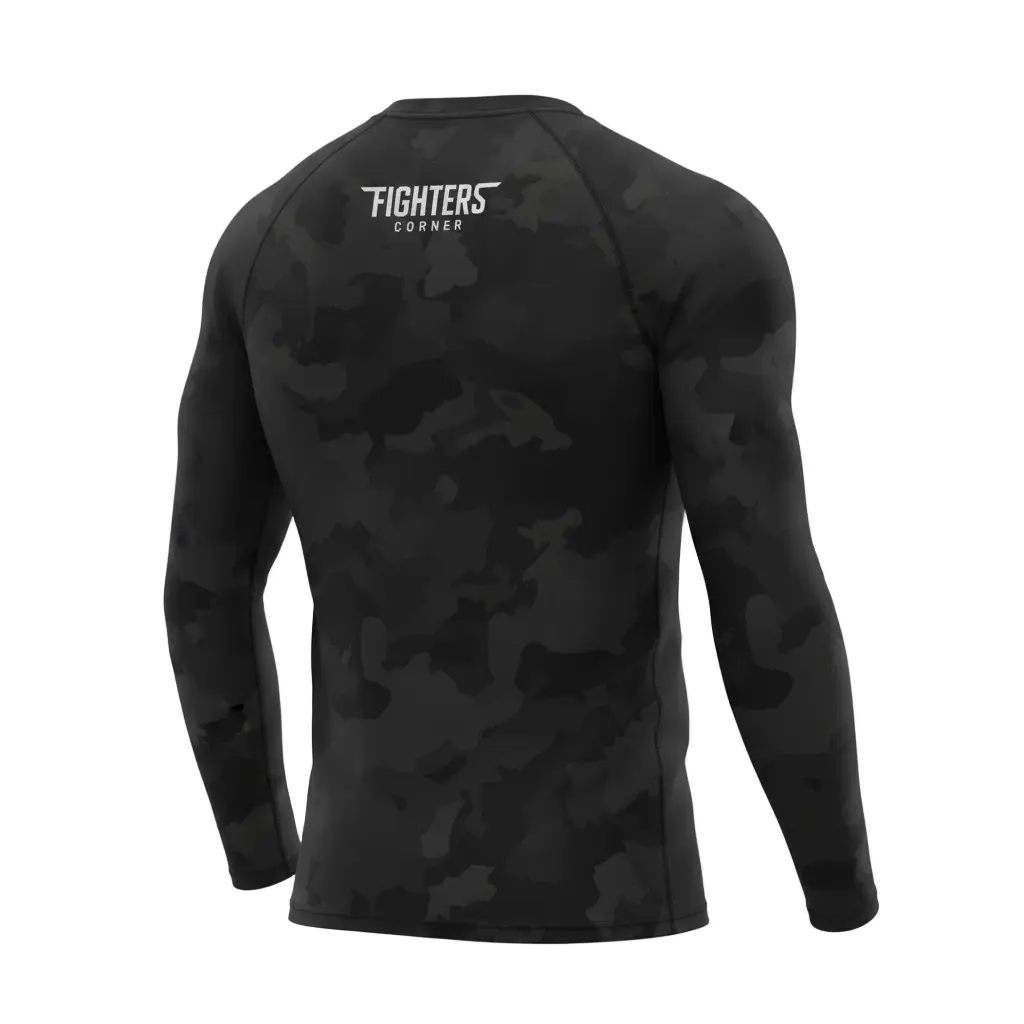 Back view of black camouflage long-sleeve boxing compression shirt by Fighters Corner with logo on upper back