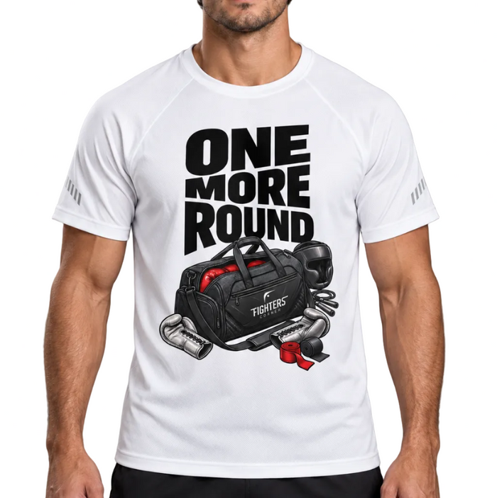 Fighters Corner One More Round Reflective Raglan T-Shirt in White, front graphic close-up