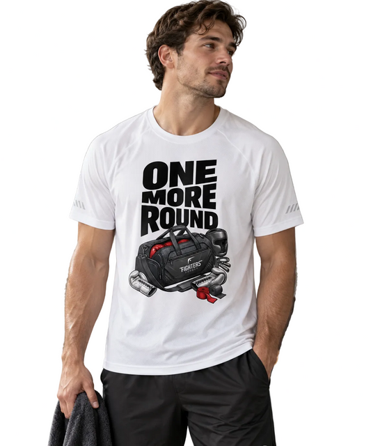 Fighters Corner One More Round Reflective Raglan T-Shirt in White, relaxed gym lifestyle view