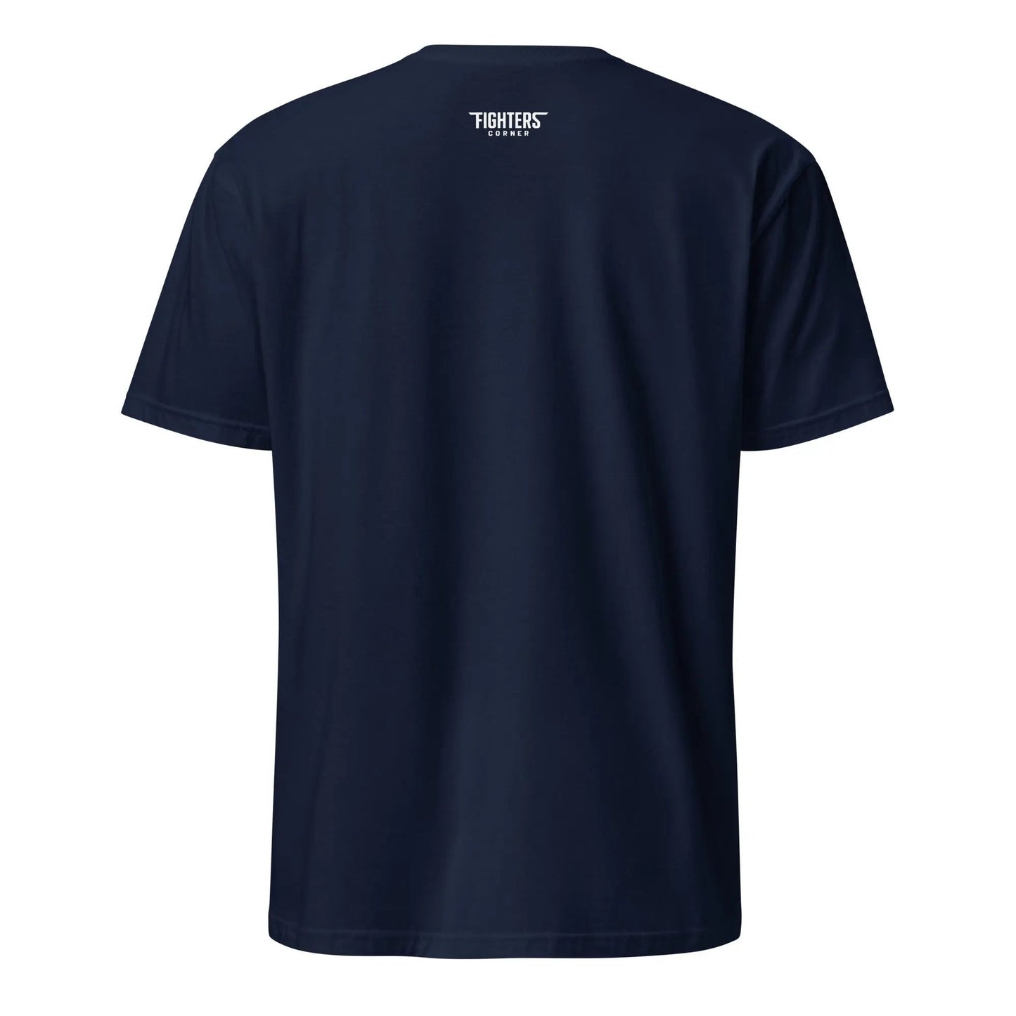 Back view of Navy unisex t-shirt with small white Fighters Corner logo near the collar on a white background.