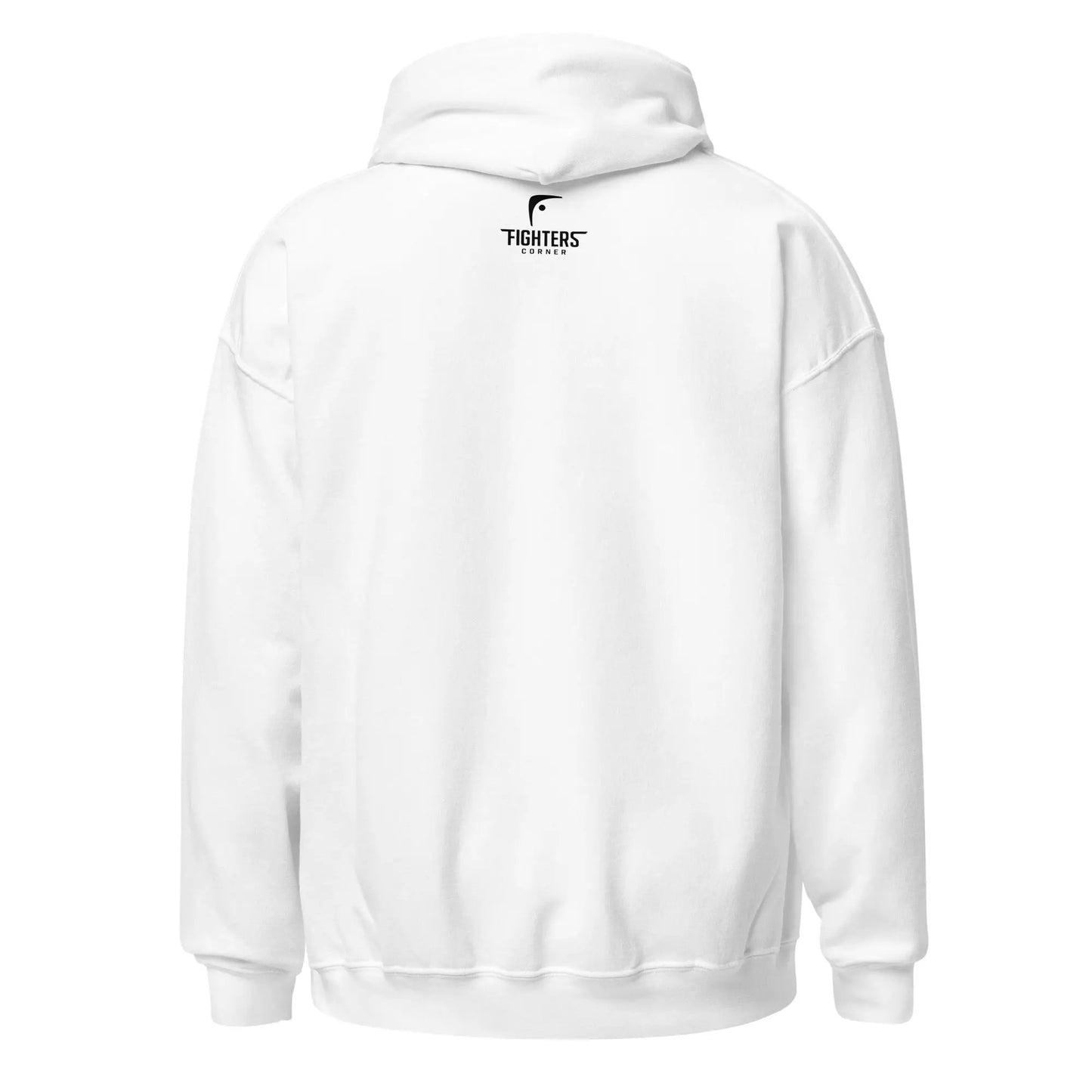 Back view of white unisex heavy blend hoodie featuring Fighters Corner logo on upper back — Fighters Corner.