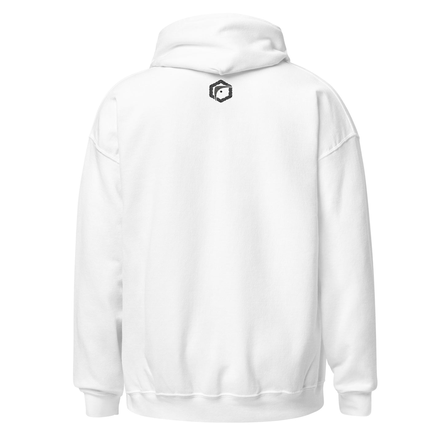 Back view of white Fighters Corner unisex heavy blend hoodie – small logo on upper back for boxing enthusiasts