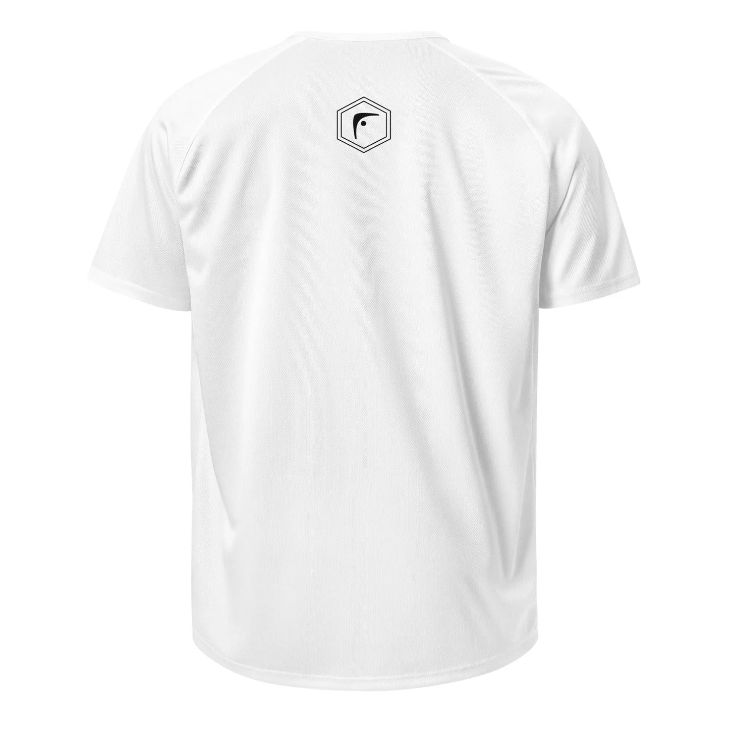 Back view of white unisex sports jersey featuring small hexagon Fighters Corner logo on upper back — Fighters Corner.