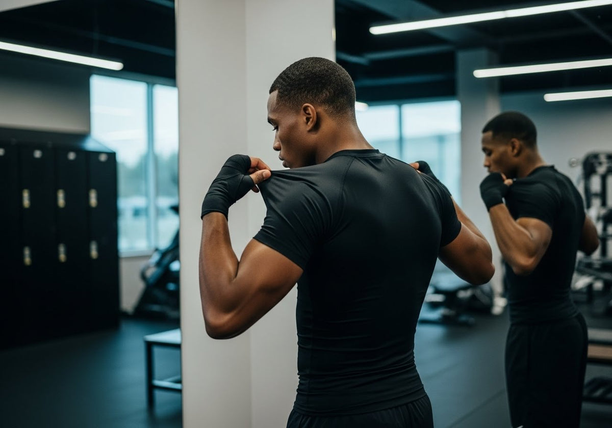 Boxer checking the fit of a black compression shirt in front of a gym mirror before training.