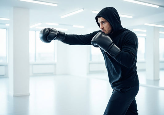 Person shadowboxing in black hoodie and boxing gloves in a modern indoor setting