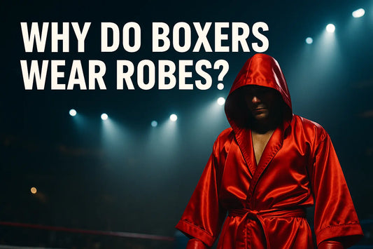 Boxer in a red satin robe with hood up under arena spotlights, walking toward the ring with intense focus.
