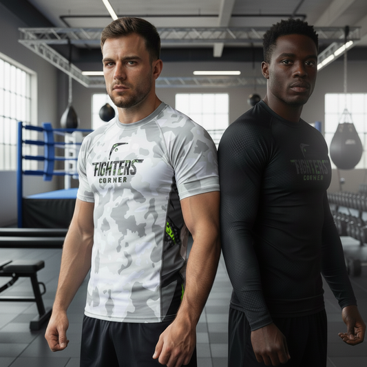 Two boxers wearing Fighters Corner short sleeve and long sleeve compression tops inside a boxing gym — showcasing boxing compression gear for training, sparring, and performance.