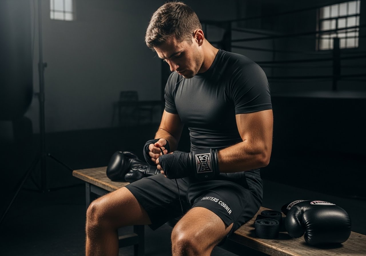 Male boxer sitting on a bench in a dimly lit gym, wearing black Fighters Corner compression shirt and shorts, wrapping his hands before training — focused pre-workout preparation scene.