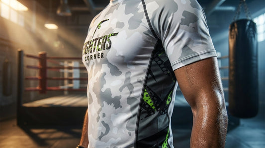 Close-up of a boxer wearing a gray camo Fighters Corner compression shirt inside a boxing gym, showing the flatlock seam details and athletic fit.