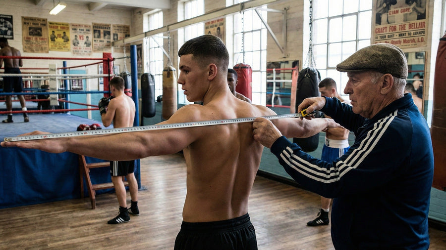 Coach measuring a boxer’s reach with a tape measure while the boxer holds both arms extended in the gym.