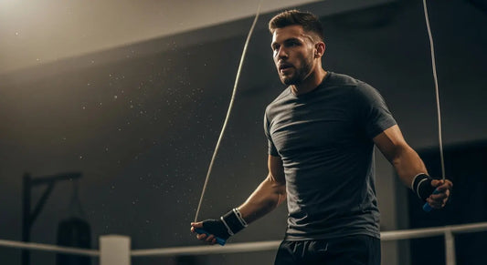 an athletic adult boxer skipping rope in a real boxing gym. 