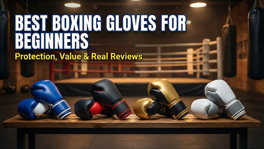 Best beginner boxing gloves displayed on a bench in a boxing gym.