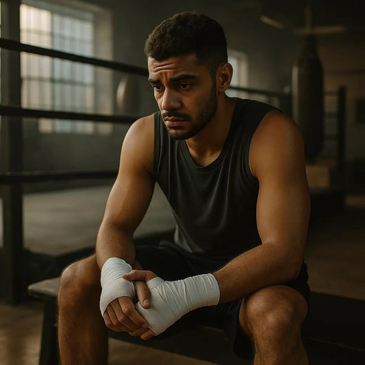 A young boxer sits nervously before his first sparring session