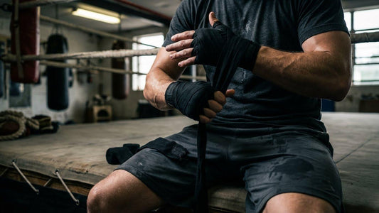 Close-up of a boxer sitting on the ring apron, tightly wrapping their hands with black boxing hand wraps before training.