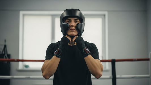 Boxer tightening boxing headgear straps in the gym before sparring, focusing on proper fit around the face and chin.