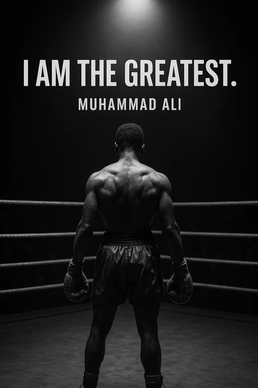 A boxer in the spotlight with the quote “I am the greatest” overlaid in bold letters.