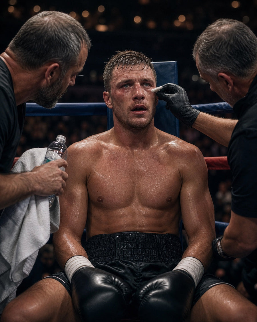 Boxer seated on the corner stool between rounds as his coach and cutman help him reset