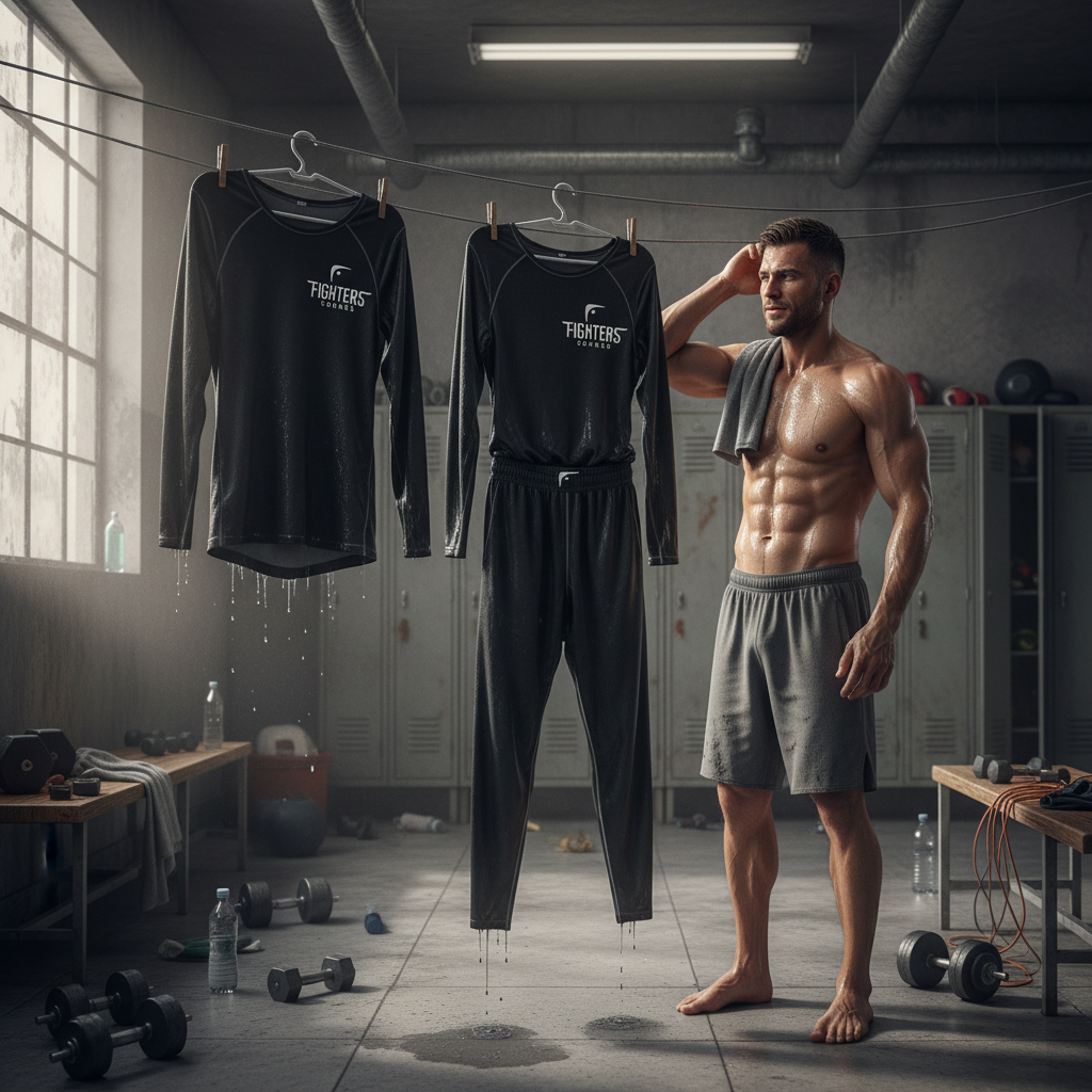 Boxer hanging compression tops and leggings to air dry after a hard training session.