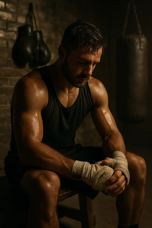 A determined boxer sits on a worn gym bench, wrapped hands resting together, sweat dripping down his face after an intense training session.