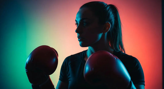 Determined individual silhouetted in a gym, holding boxing gloves, looking towards a light, symbolizing readiness to discover their inner fighter.