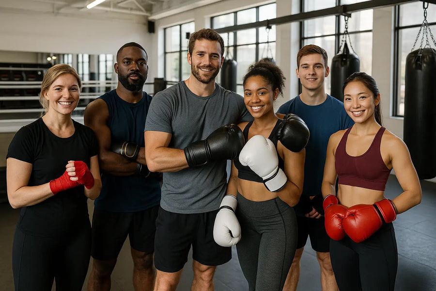 Diverse group of people in a modern boxing gym, with ring and heavy bags, preparing to train.