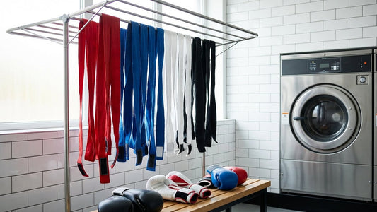 Freshly washed boxing hand wraps hanging neatly to dry on a rack in a boxing gym laundry area.