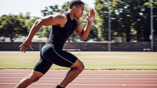 Boxer sprinting on an outdoor track during interval training, clean modern fitness style.