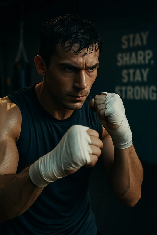 A determined boxer in a dimly lit gym stares forward with intensity, his fists raised and body glistening with sweat. A motivational phrase "Stay Sharp, Stay Strong" is visible on the wall behind him.