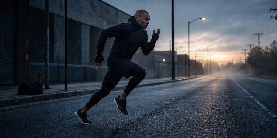 Boxer sprinting on an empty road at dawn during a roadwork conditioning session