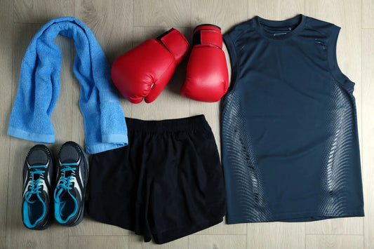boxing equipment display on a wooden floor