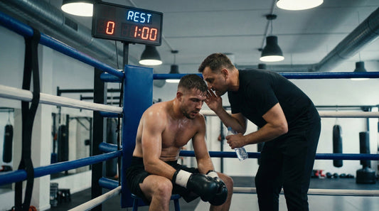 Boxer sitting on the stool in his corner during the one-minute rest between rounds as his coach gives instructions, illustrating how long a boxing round lasts and the rest period.