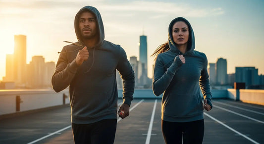 Two determined boxers wearing gray hoodies running at sunrise on a rooftop track, illustrating why hoodies are essential boxing gear.