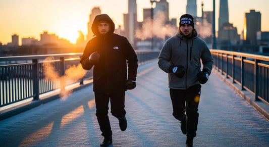 Two boxers in layered winter gear running at sunrise on a frost-covered bridge, illustrating how fighters train in cold conditions