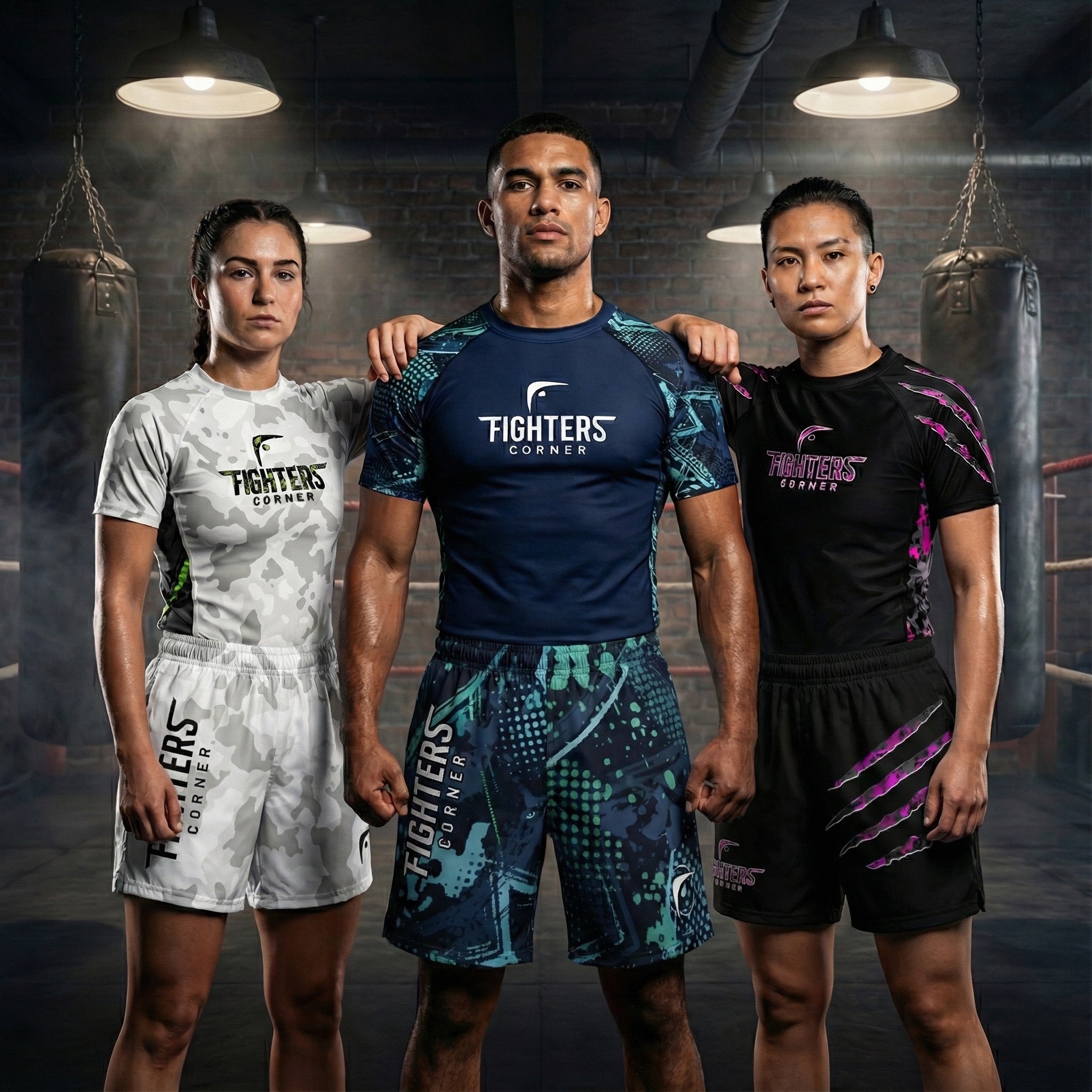 A promotional photo of three diverse fighters, one male in the center and two females on either side, standing shoulder-to-shoulder in a dimly lit boxing gym with punching bags. They are wearing matching "Fighters Corner" brand rash guards and shorts in white, blue, and black camo patterns, looking directly at the camera with determined expressions.
