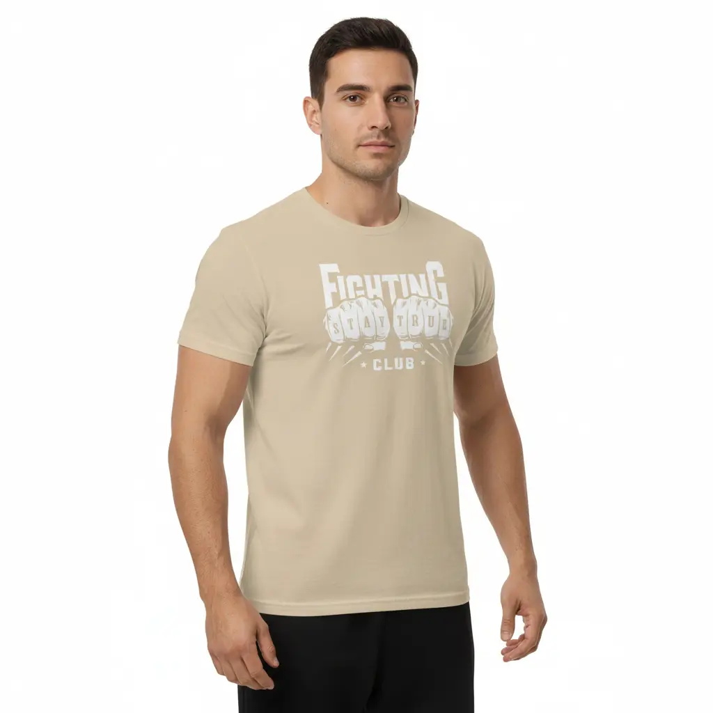 Fighters Corner beige athletic t-shirt 3/4 flexed pose mockup - premium combat sports boxing apparel for fight training