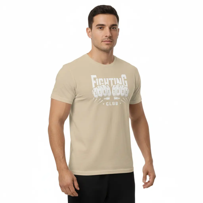 Fighters Corner beige athletic t-shirt 3/4 flexed pose mockup - premium combat sports boxing apparel for fight training